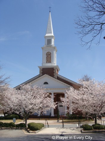 church surrounded by blooming cherry trees